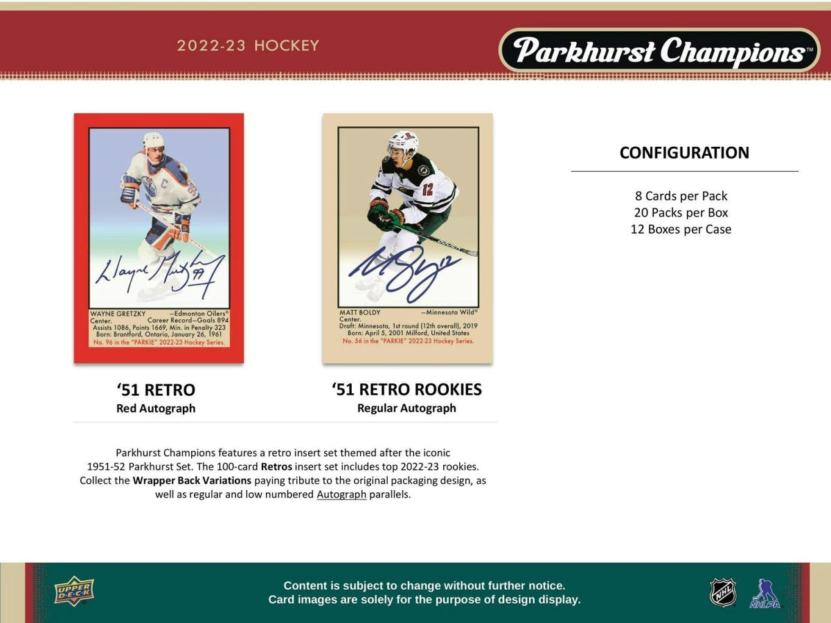2022 - 23 Upper Deck Parkhurst Champions Hockey Hobby Box 053334103497 at King Card Canada