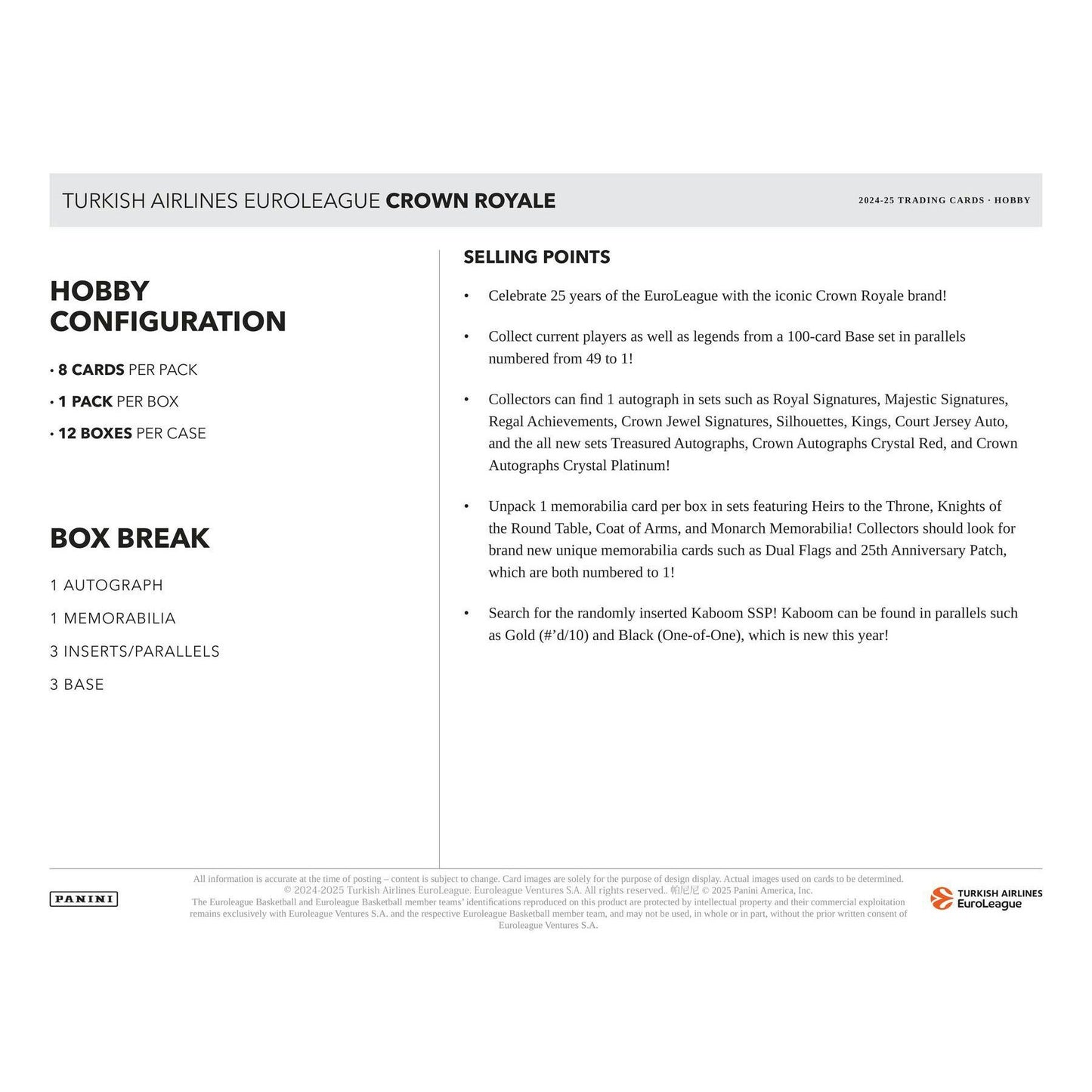 2024 - 25 Panini Crown Royale EuroLeague Basketball Hobby Box 746134189401 at King Card Canada