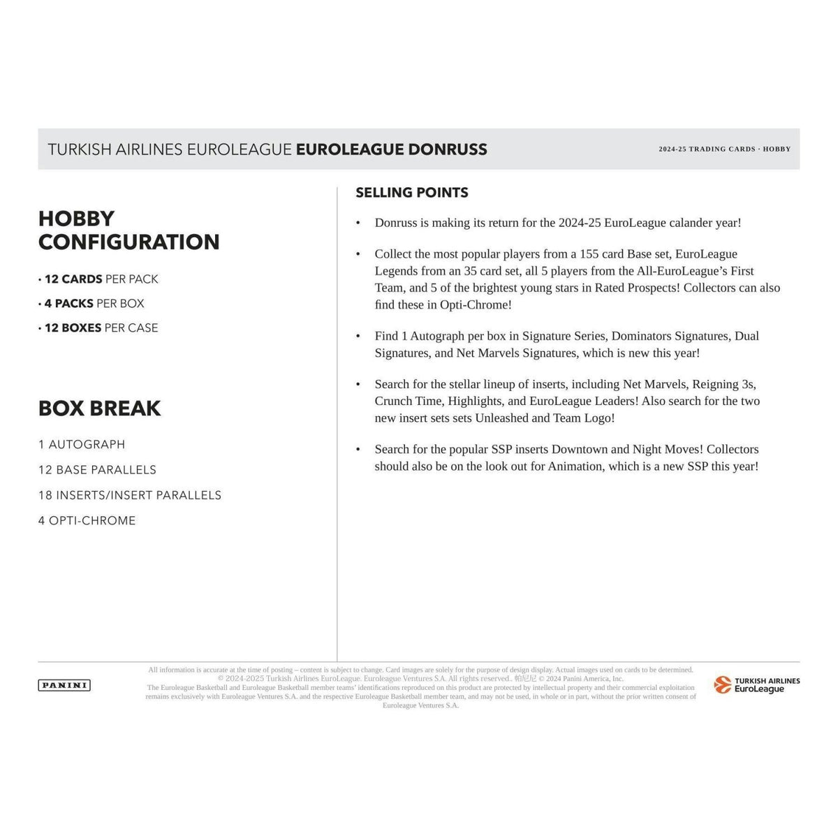2024 - 25 Panini Donruss EuroLeague Basketball Hobby Box 746134172977 at King Card Canada