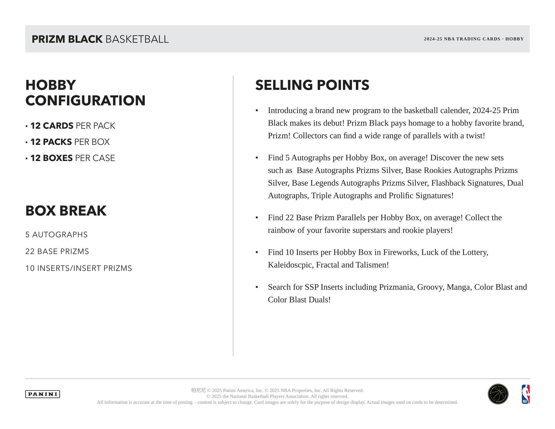 2024 - 25 Panini Prizm Black Basketball Hobby Box 746134189272 at King Card Canada