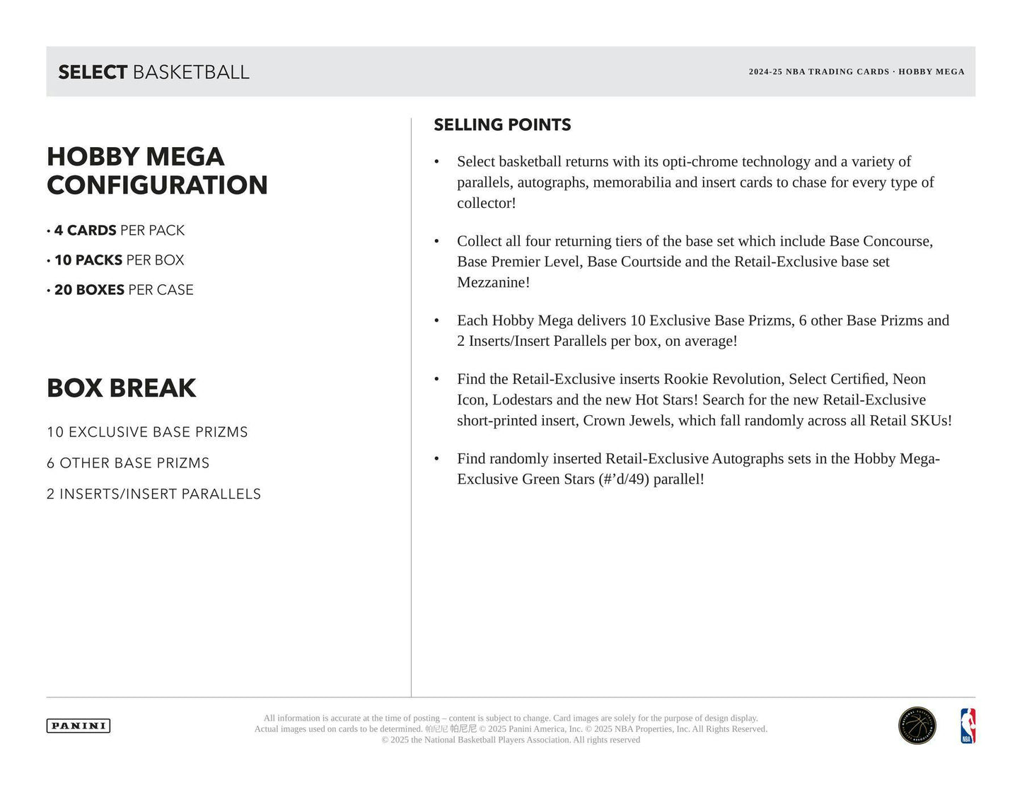 2024 - 25 Panini Select Basketball Hobby Mega Box 746134180811 at King Card Canada