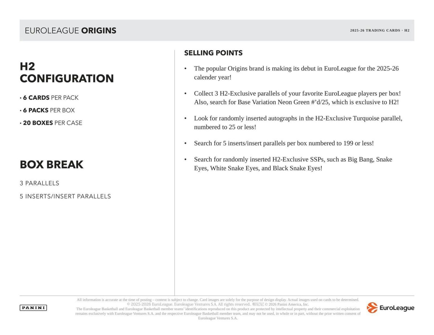 2025-26 Panini Origins EuroLeague Basketball H2 Hybrid Box 746134195525 at King Card Canada