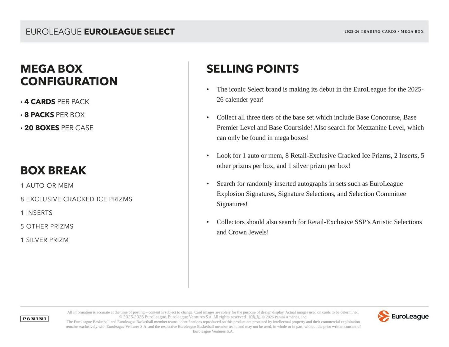 2025-26 Panini Select EuroLeague Basketball Mega Box 746134195587 at King Card Canada