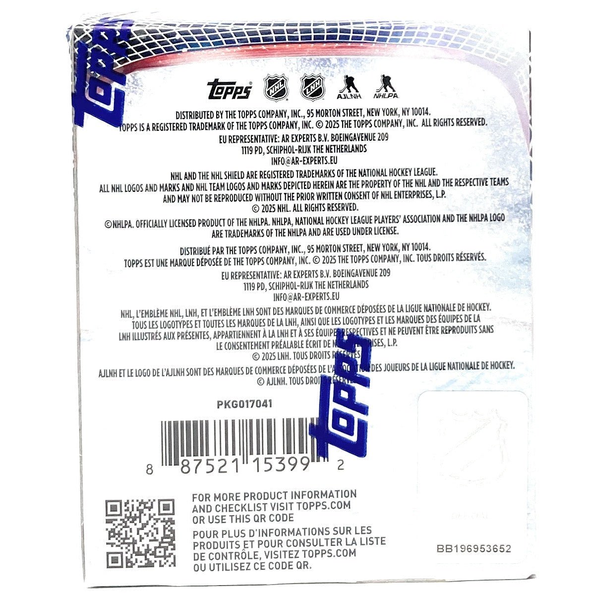 2025-26 Topps NHL Sticker Collection box panel with barcode