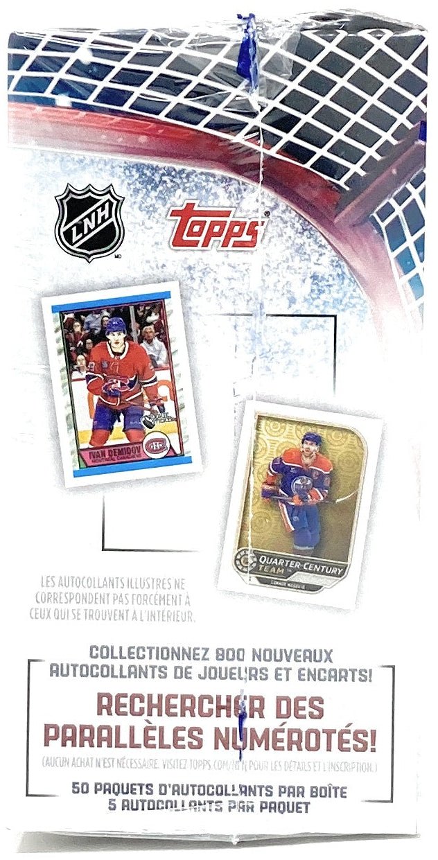 2025-26 Topps NHL Sticker Collection box side: look for numbered parallels