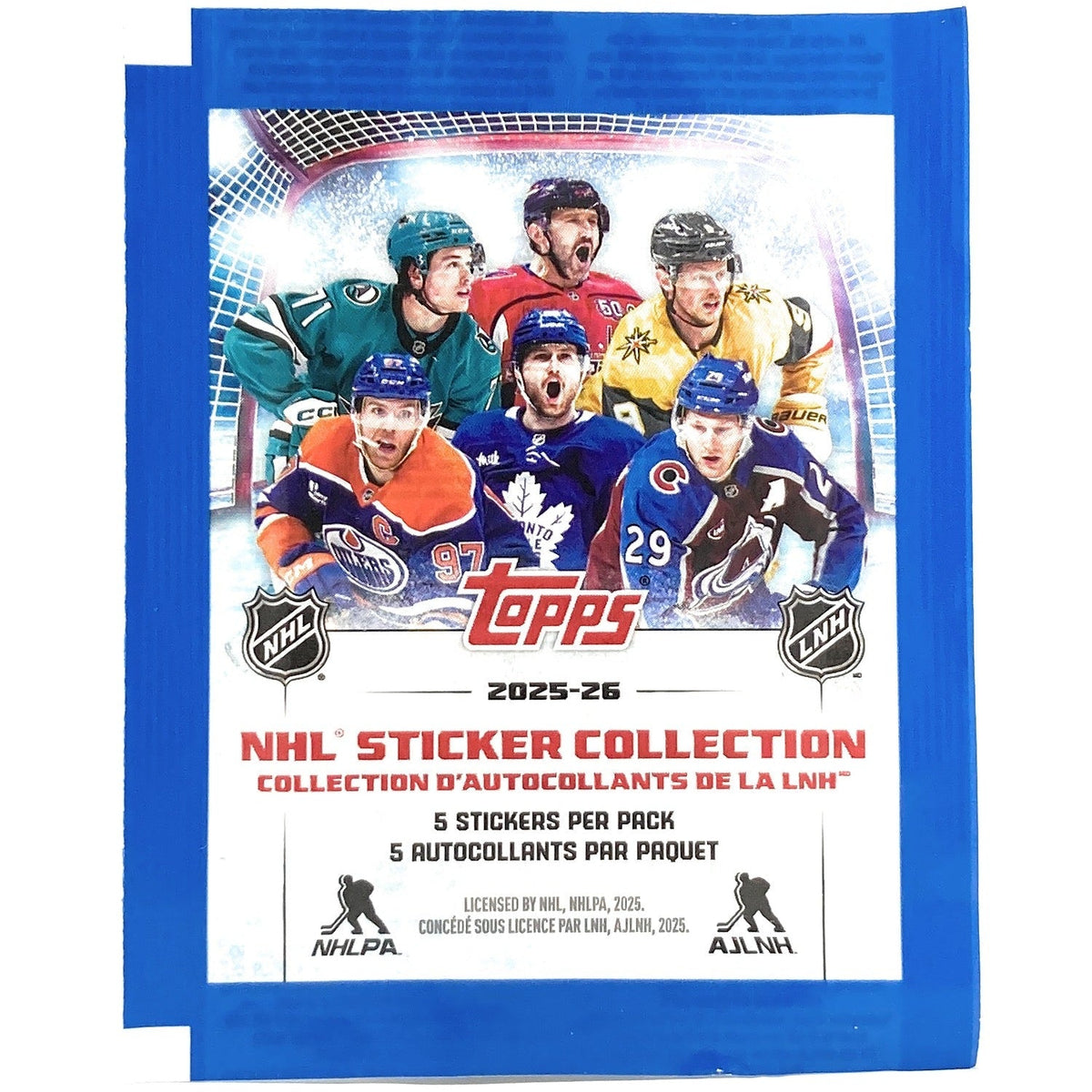 2025-26 Topps NHL Sticker Collection pack, 5 stickers per pack, front