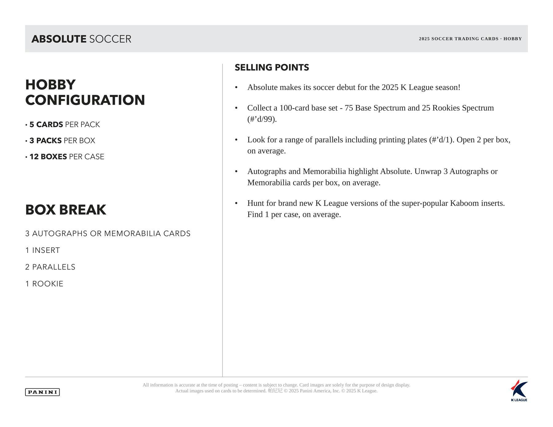 2025 Panini Absolute K League Soccer Hobby Box 746134178313 at King Card Canada