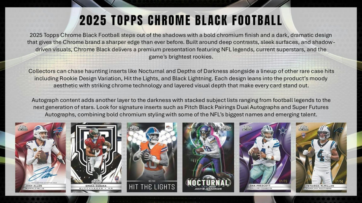 2025 Topps Chrome Black Football overview with Nocturnal and Hit the Lights cards