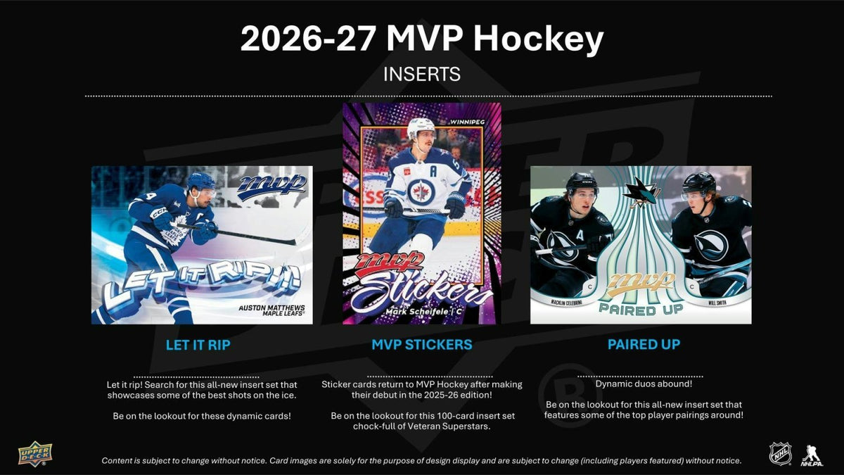 2026-27 Upper Deck MVP Hockey Let It Rip, MVP Stickers and Paired Up inserts