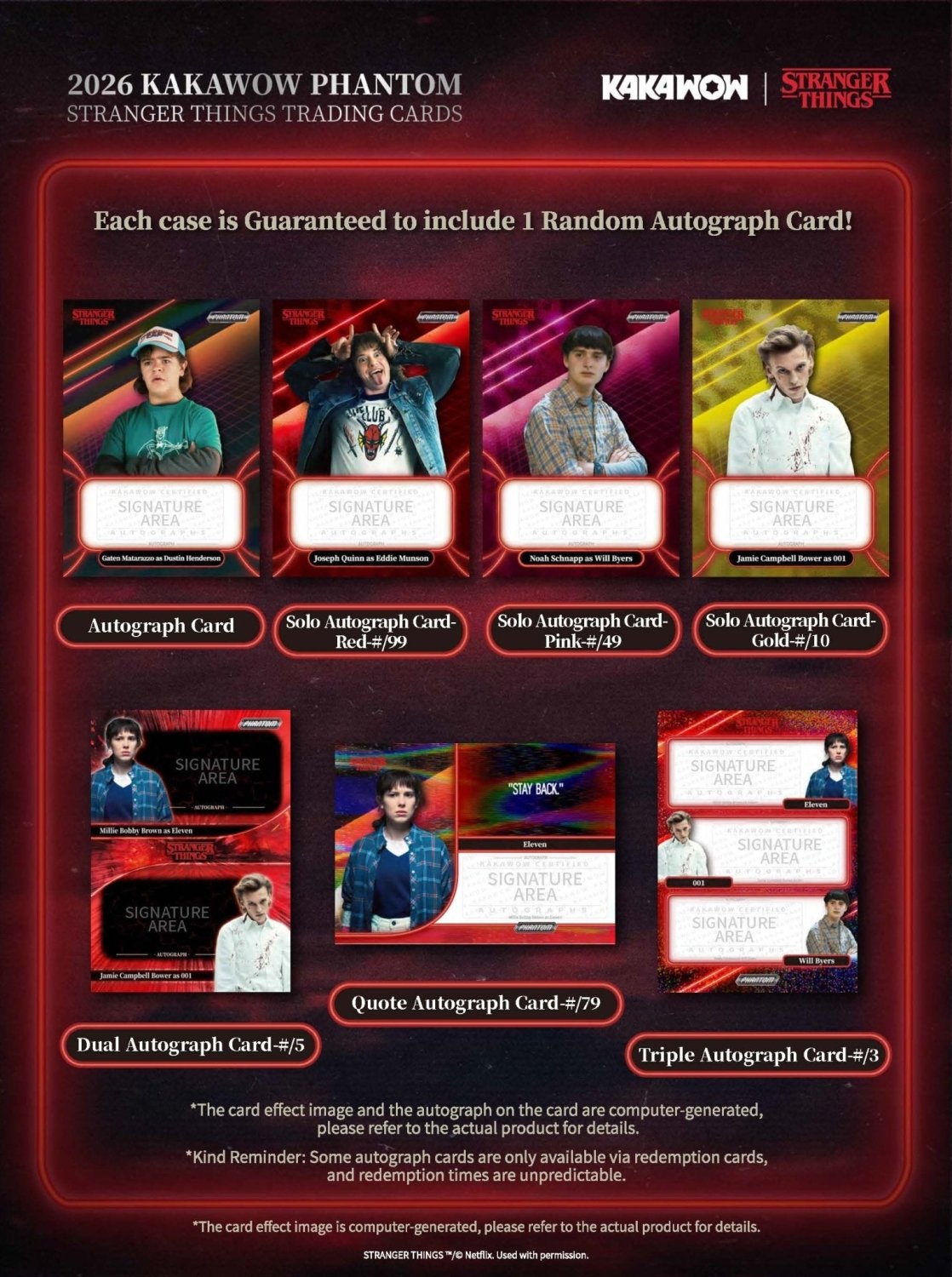 Kakawow Phantom Stranger Things solo, dual, triple and quad autograph card types