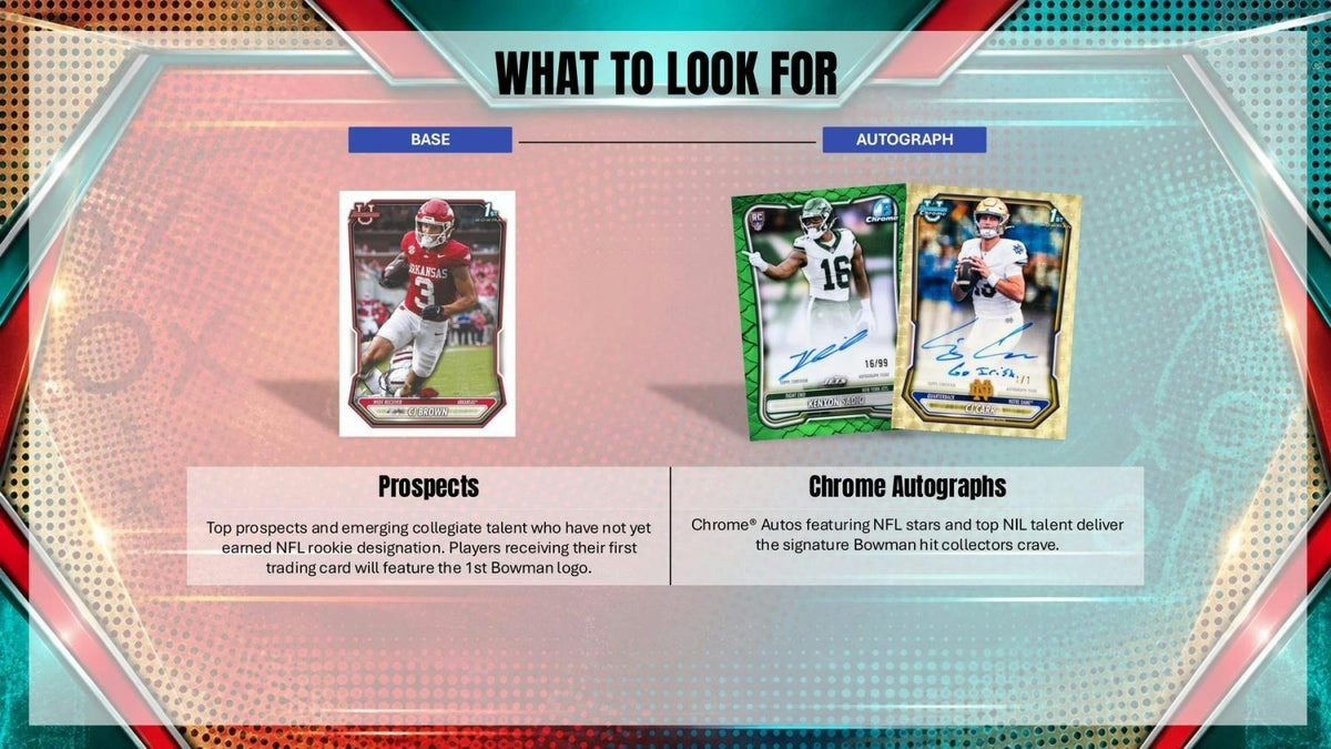 2026 Bowman Football Prospects base card and Chrome Autographs