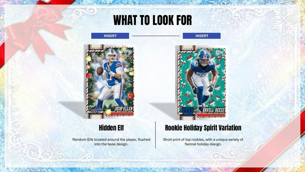 2026 Topps Holiday Football Hidden Elf insert and Rookie Holiday Spirit Variation sample cards