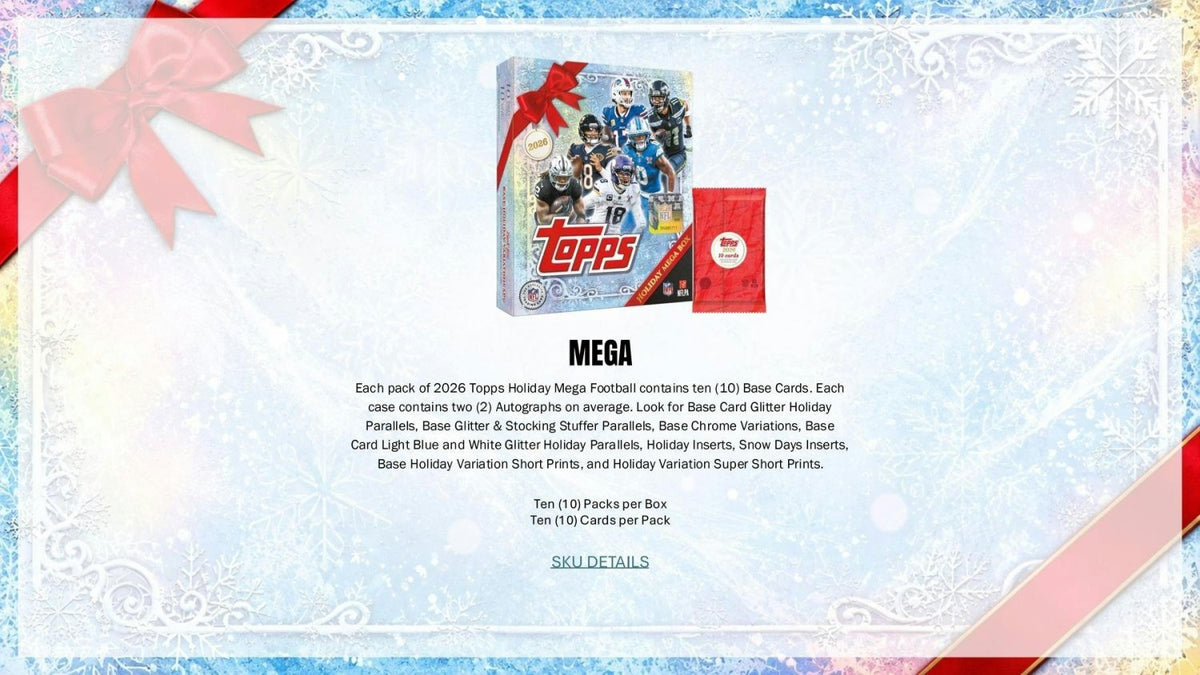 2026 Topps Holiday Football Mega Box configuration sheet showing the box and pack contents