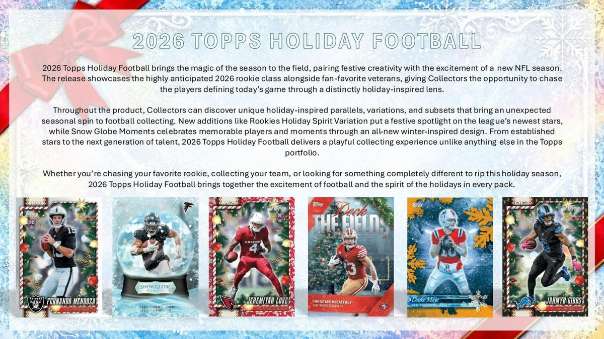 2026 Topps Holiday Football sell sheet overview with sample holiday-themed base and insert cards