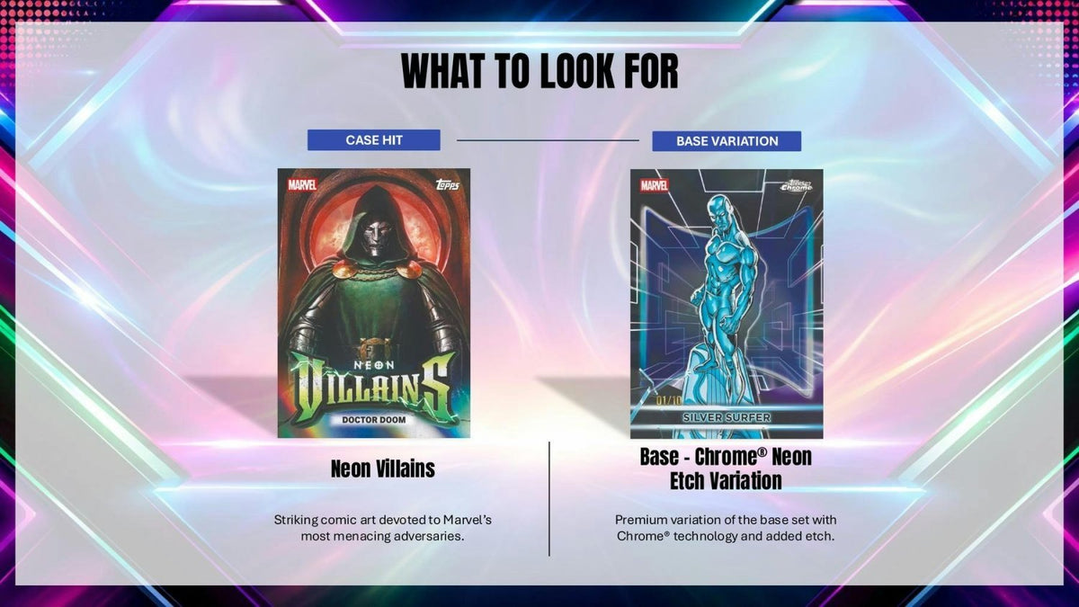 2026 Topps Neon Marvel Neon Villains case hit and Base Chrome Neon Etch Variation cards