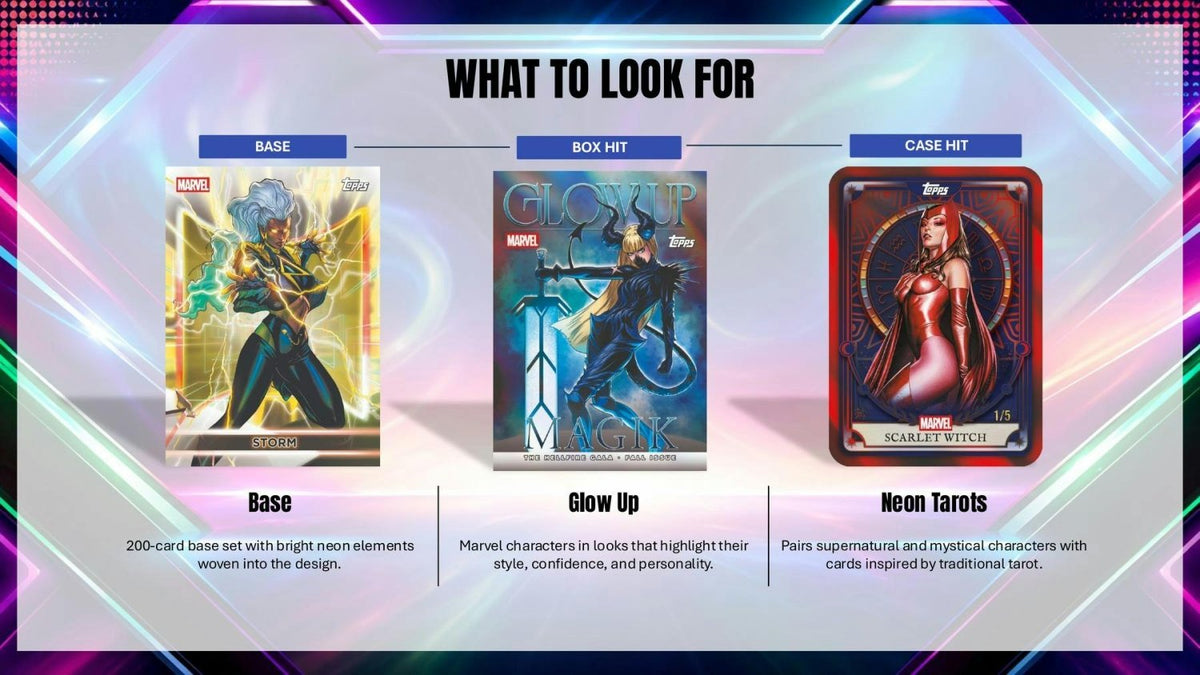 2026 Topps Neon Marvel base card, Glow Up box hit and Neon Tarots case hit samples