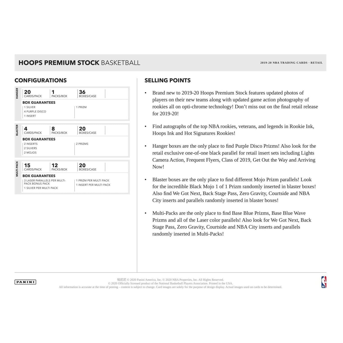 2029 - 20 Panini NBA Hoops Premium Stock Basketball Cello Value Fat Pack Box 613297979784 at King Card Canada