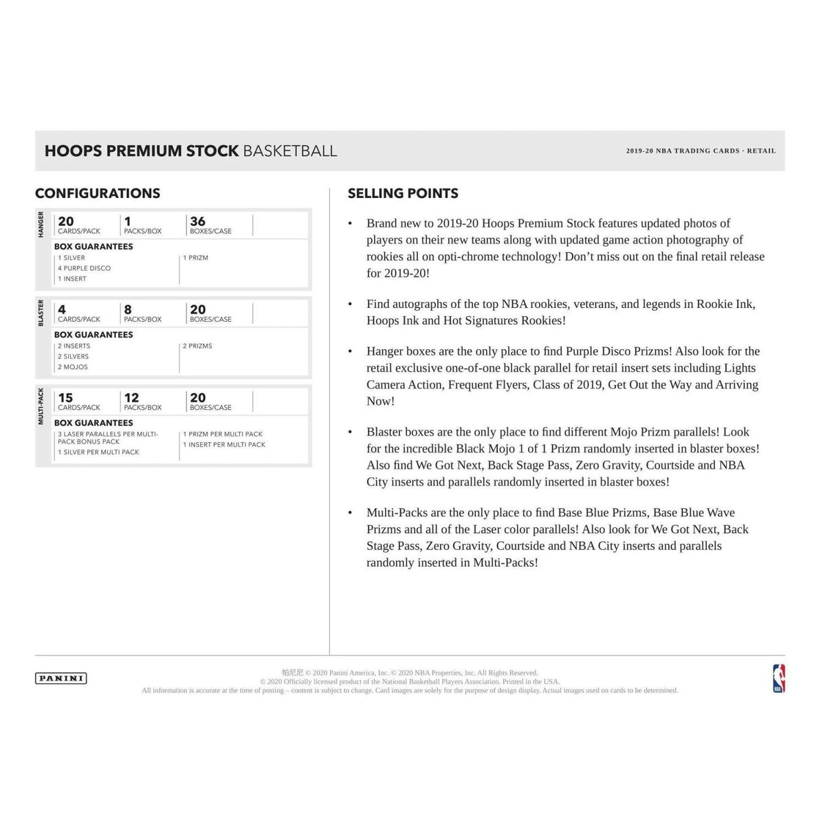 2029 - 20 Panini NBA Hoops Premium Stock Basketball Cello Value Fat Pack Box 613297979784 at King Card Canada