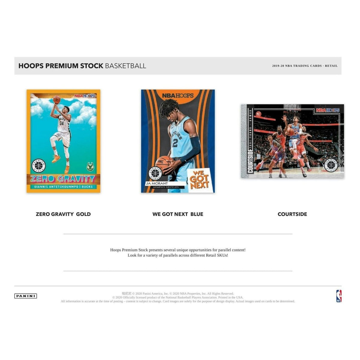 2019-20 Hoops Premium Stock Zero Gravity Gold, We Got Next Blue and Courtside cards