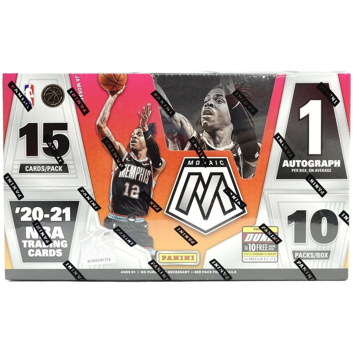 2020-21 Panini Mosaic Basketball Hobby Box front: 15 cards, 1 autograph, 10 packs