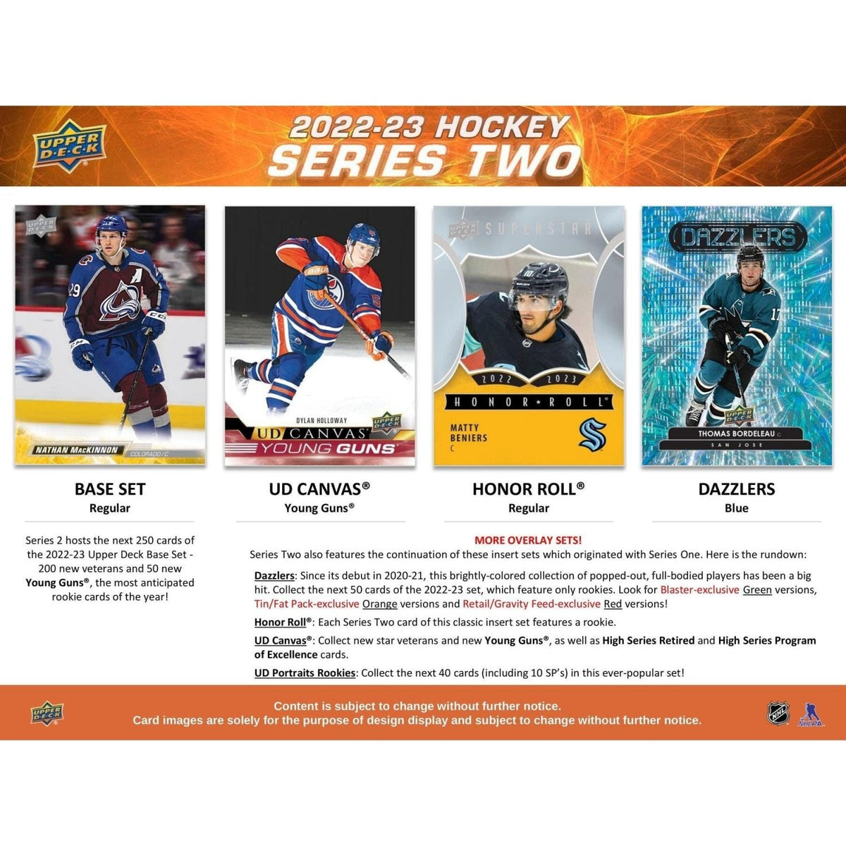 2022-23 Upper Deck Series 2 base set, UD Canvas Young Guns, Honor Roll and Dazzlers cards