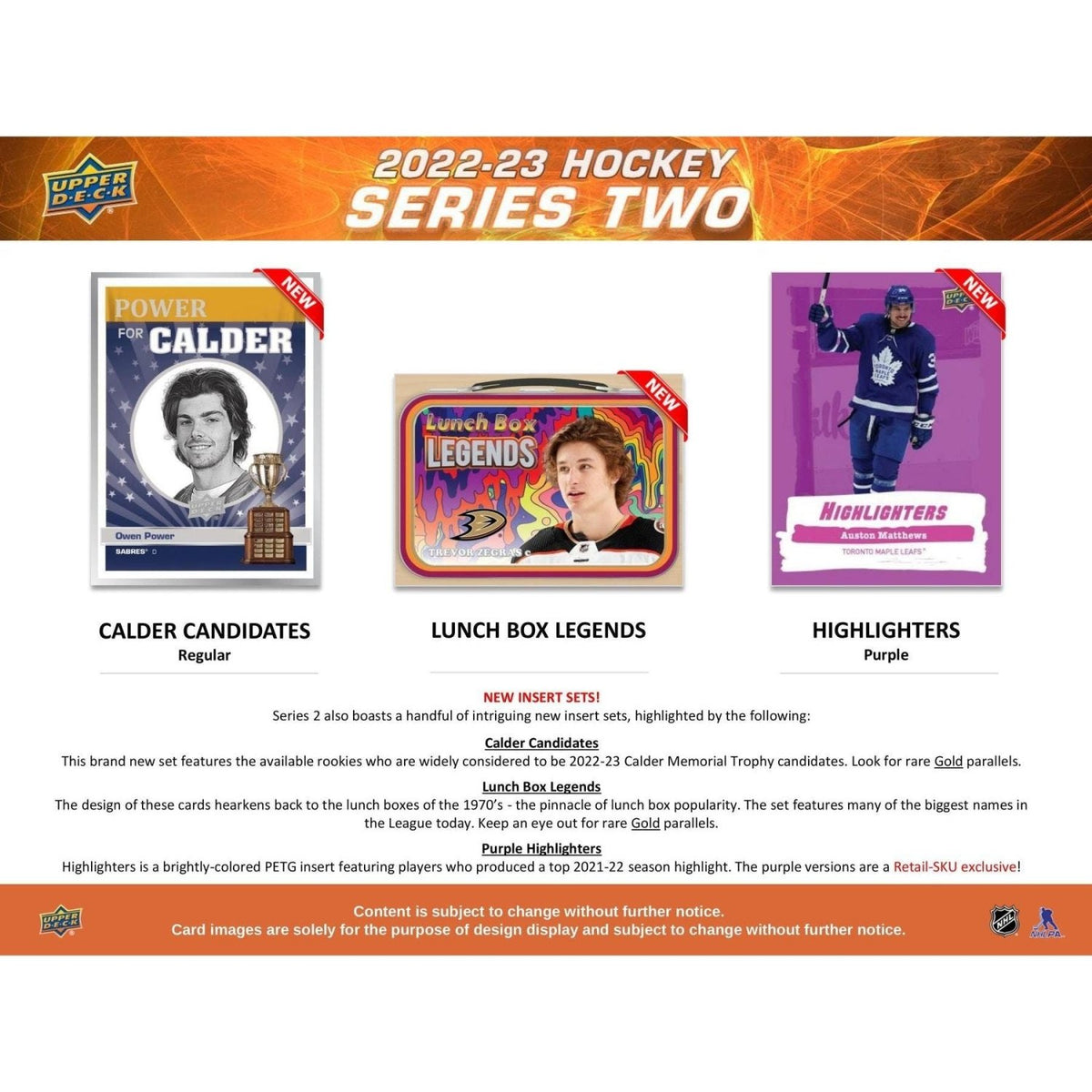 2022-23 Upper Deck Series 2 Calder Candidates, Lunch Box Legends and Highlighters inserts