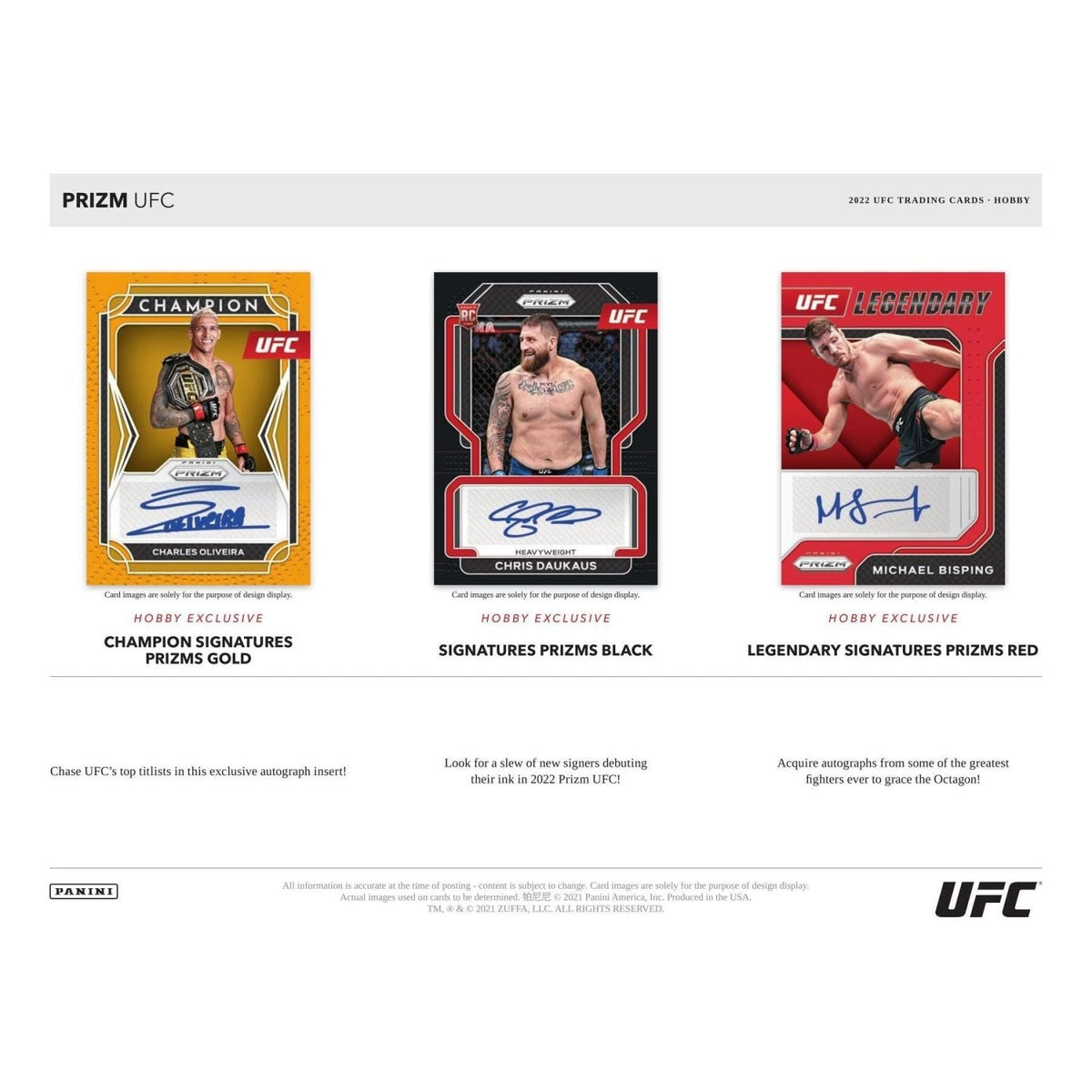2022 Prizm UFC Champion Signatures Gold, Signatures Black and Legendary Signatures cards