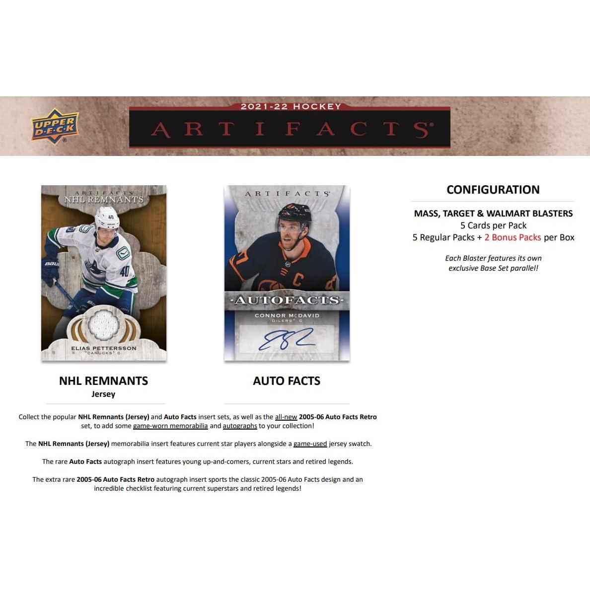 2021-22 Upper Deck Artifacts NHL Remnants and Auto Facts cards with blaster configuration