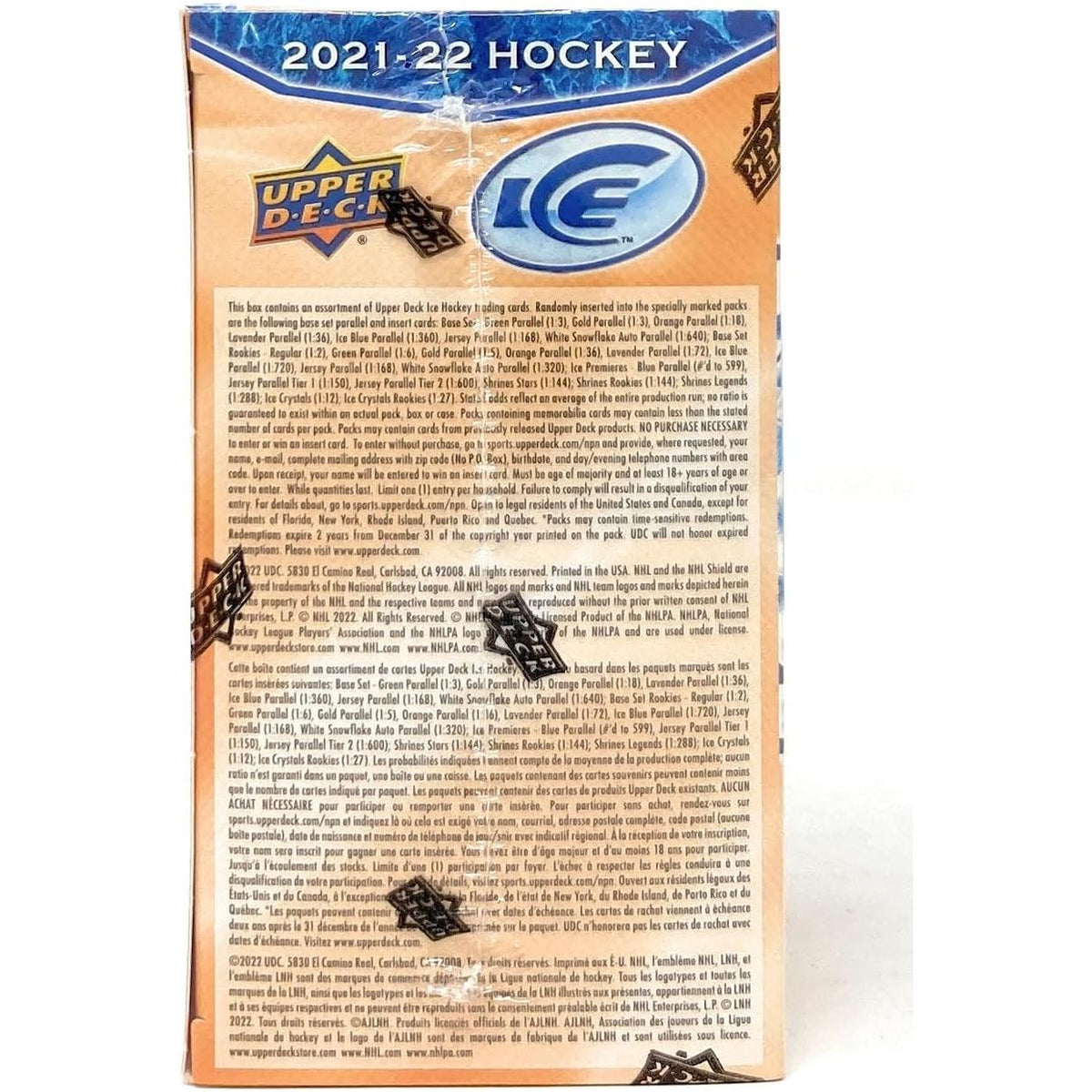 2021-22 Upper Deck ICE Hockey Blaster Box back panel with set information