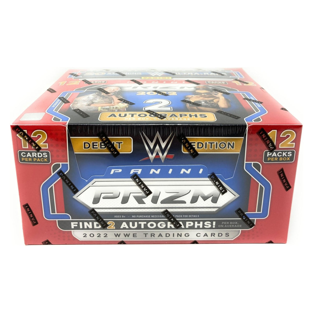 2022 Panini Prizm WWE Hobby Box side panel: find 2 autographs, 12 cards, 12 packs