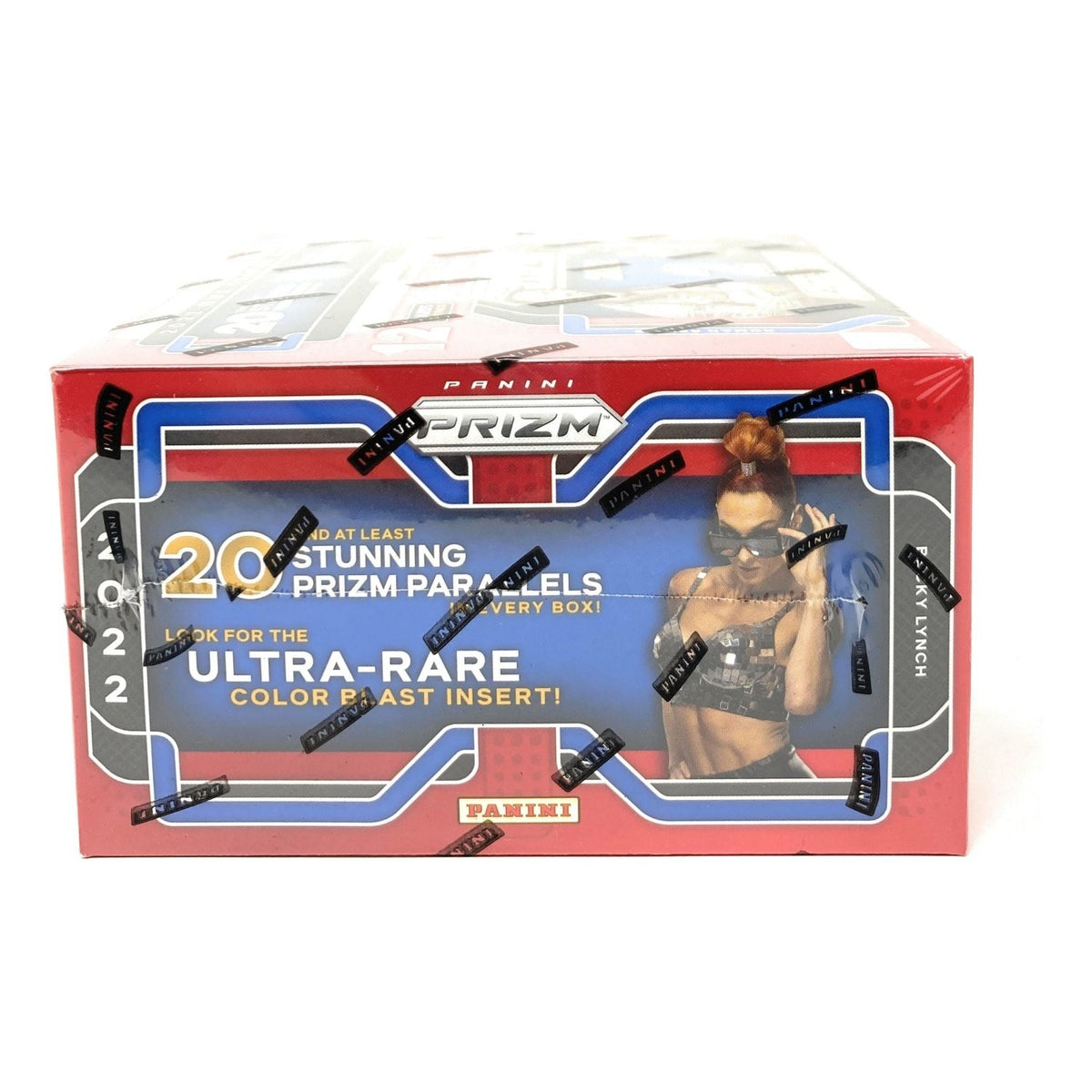 2022 Panini Prizm WWE Hobby Box side panel with Prizm parallels and Color Blast insert callout