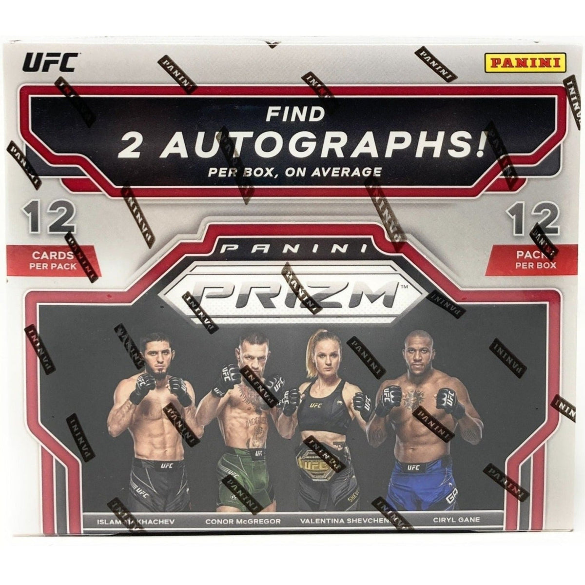2022 Panini Prizm UFC Hobby Box front with four UFC fighters, 12 cards and 12 packs