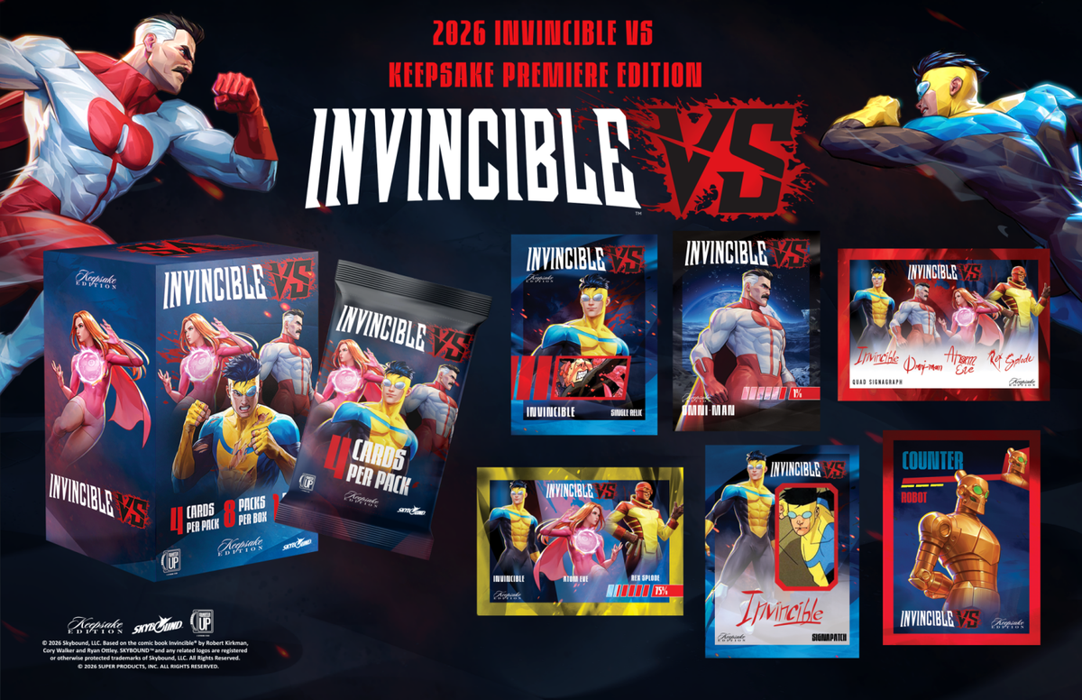 Invincible VS Keepsake Premiere Edition banner with boxes and sample cards