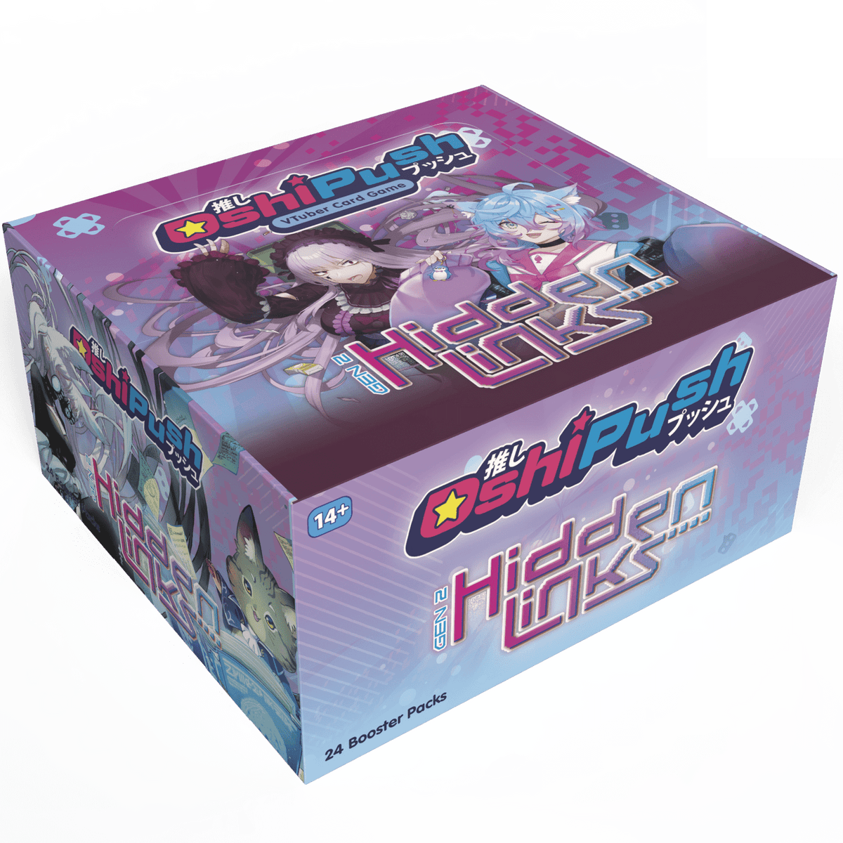 Oshi Push VTuber Trading Card Game Hidden Links booster box, closed and angled