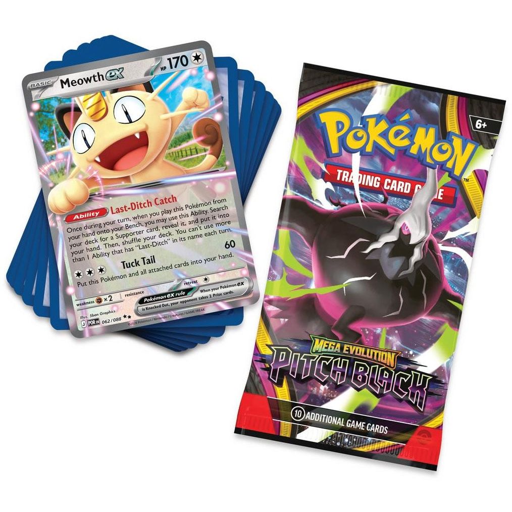Pokemon Deck Crafter's Collection Meowth ex foil promo card with essential cards and a booster pack