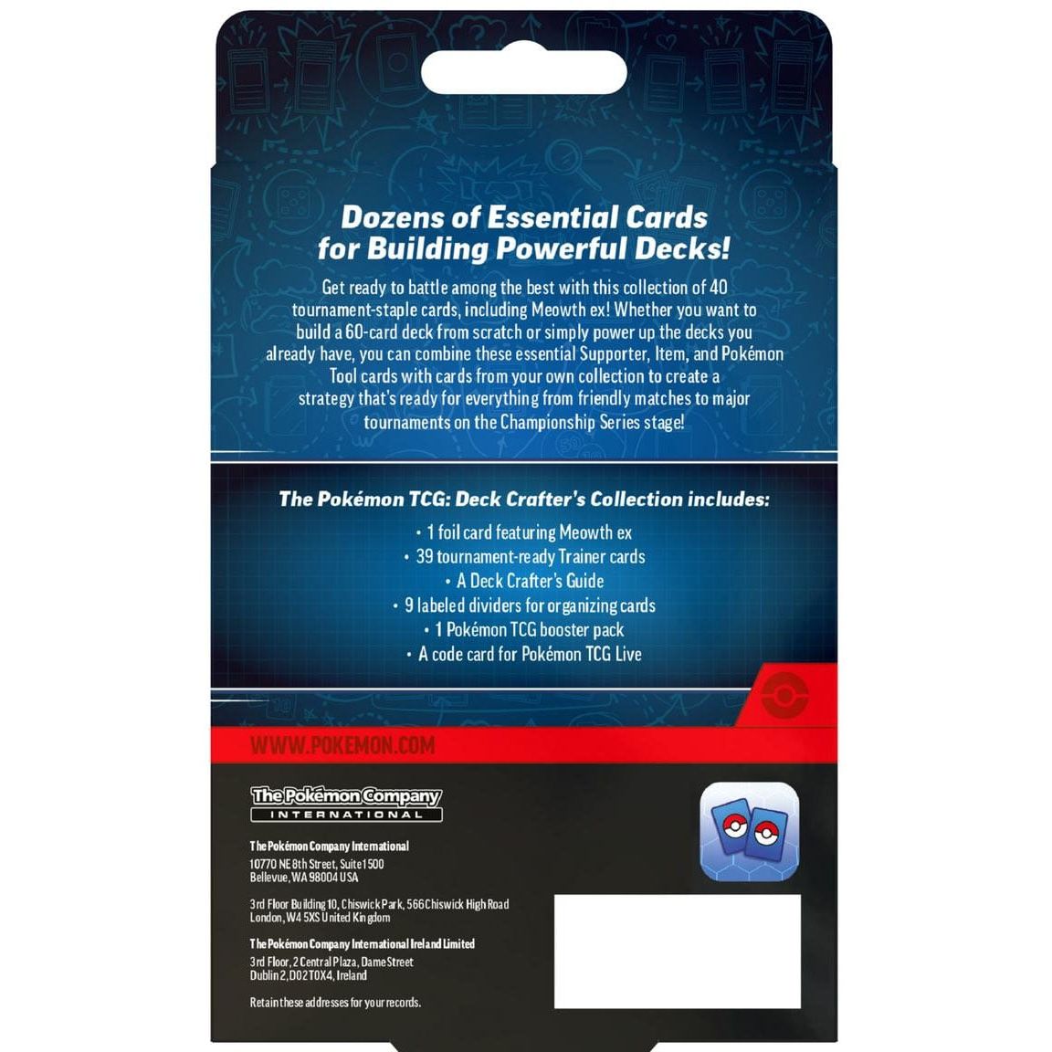 Back of the Pokemon Deck Crafter's Collection box listing the included cards and accessories