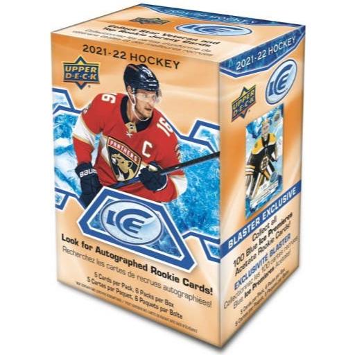 2021-22 Upper Deck ICE Hockey Blaster Box with a Florida Panthers player, angled view