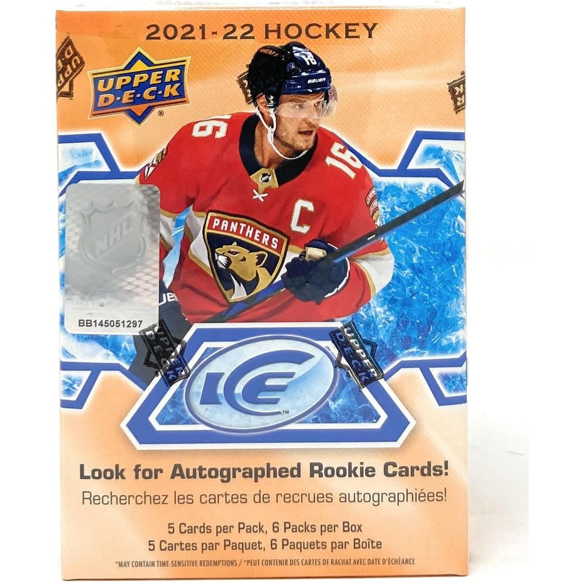 2021-22 Upper Deck ICE Hockey Blaster Box front, look for autographed rookie cards