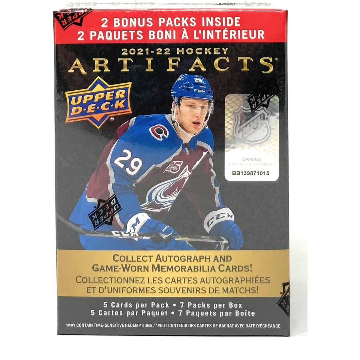 2021-22 Upper Deck Artifacts Hockey Blaster Box front: autographs and game-worn memorabilia