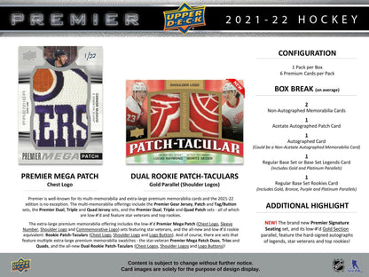 2021 - 22 Upper Deck Premier Hockey Hobby Box 053334991889 at King Card Canada