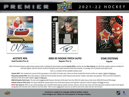 2021 - 22 Upper Deck Premier Hockey Hobby Box 053334991889 at King Card Canada