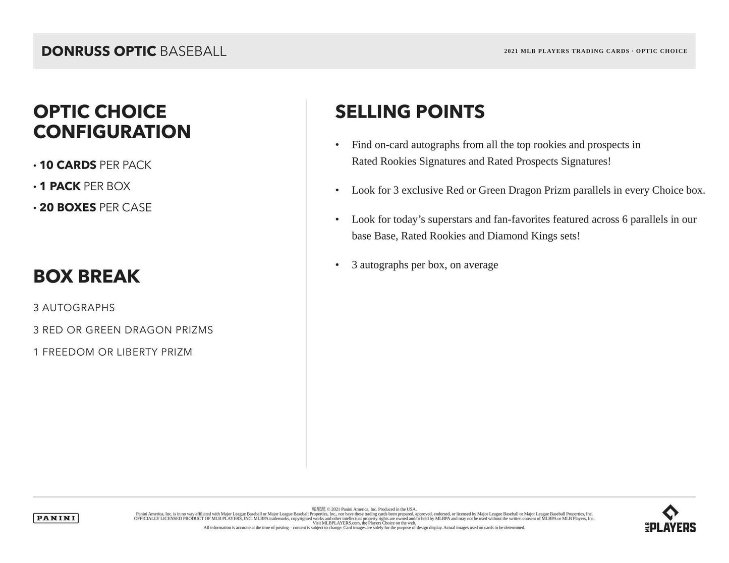 2021 Panini Donruss Optic Choice Baseball Hobby Box 613297970453 at King Card Canada
