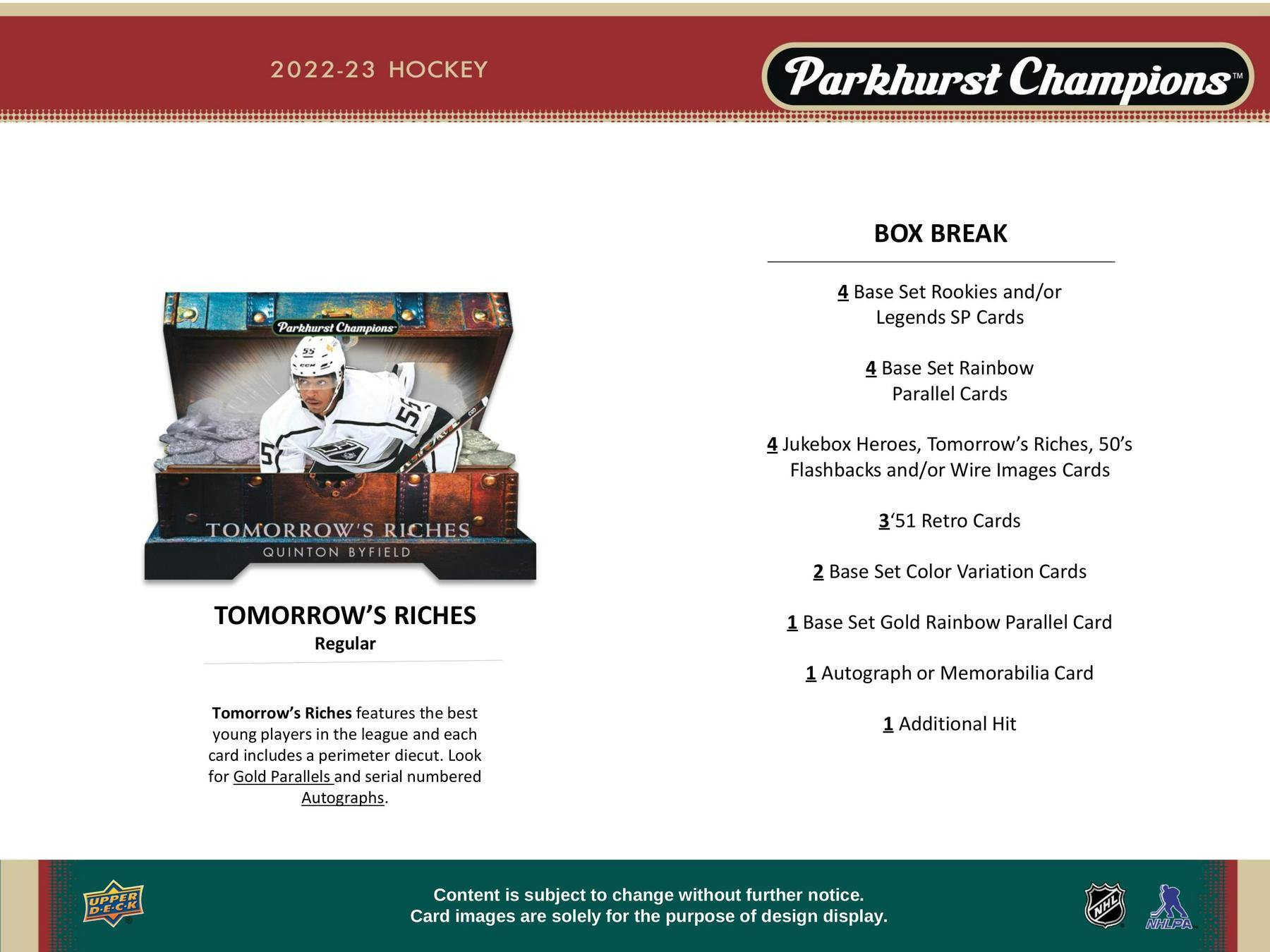2022 - 23 Upper Deck Parkhurst Champions Hockey Hobby Box 053334103497 at King Card Canada