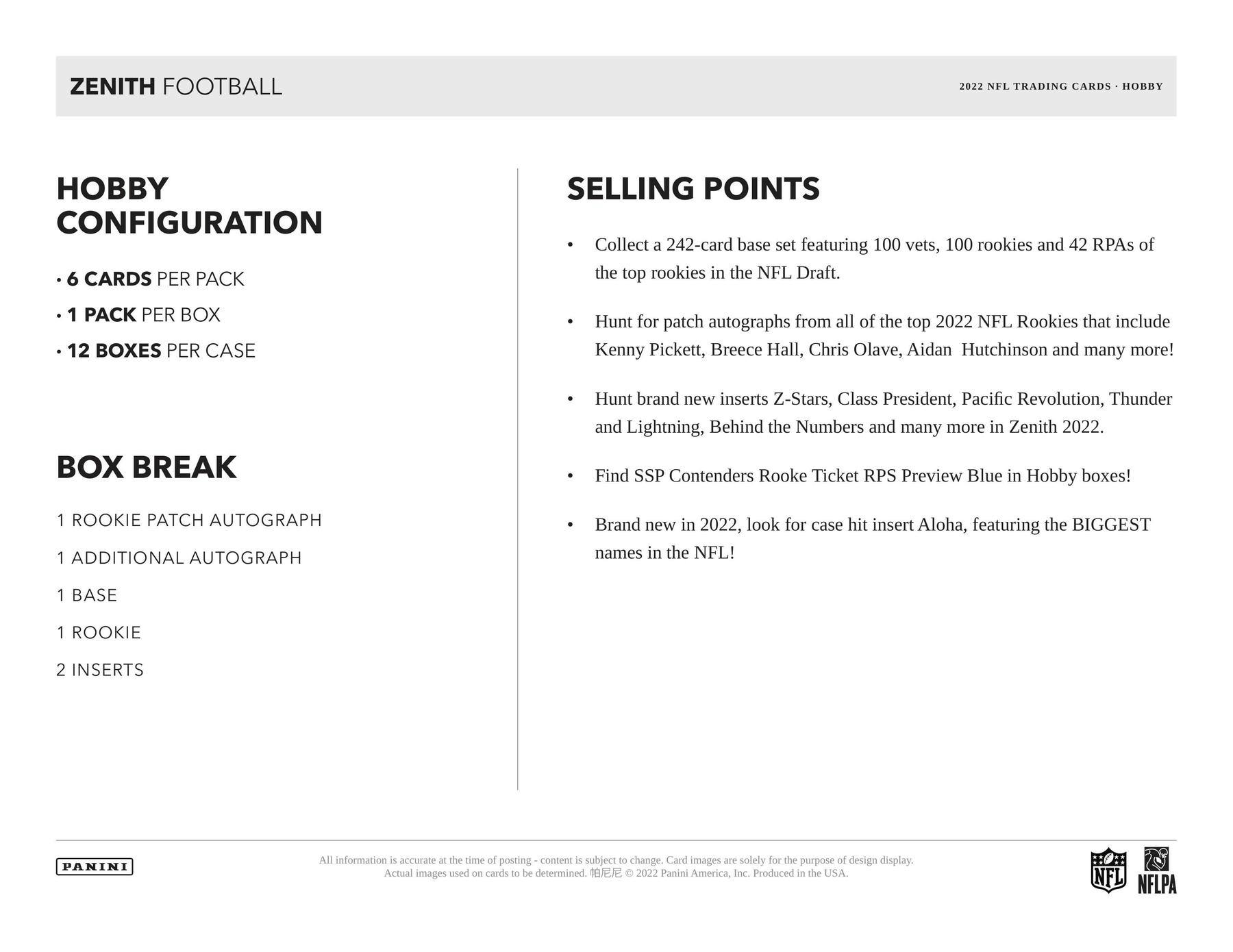 2022 Panini Zenith Football Hobby Box 746134125614 at King Card Canada