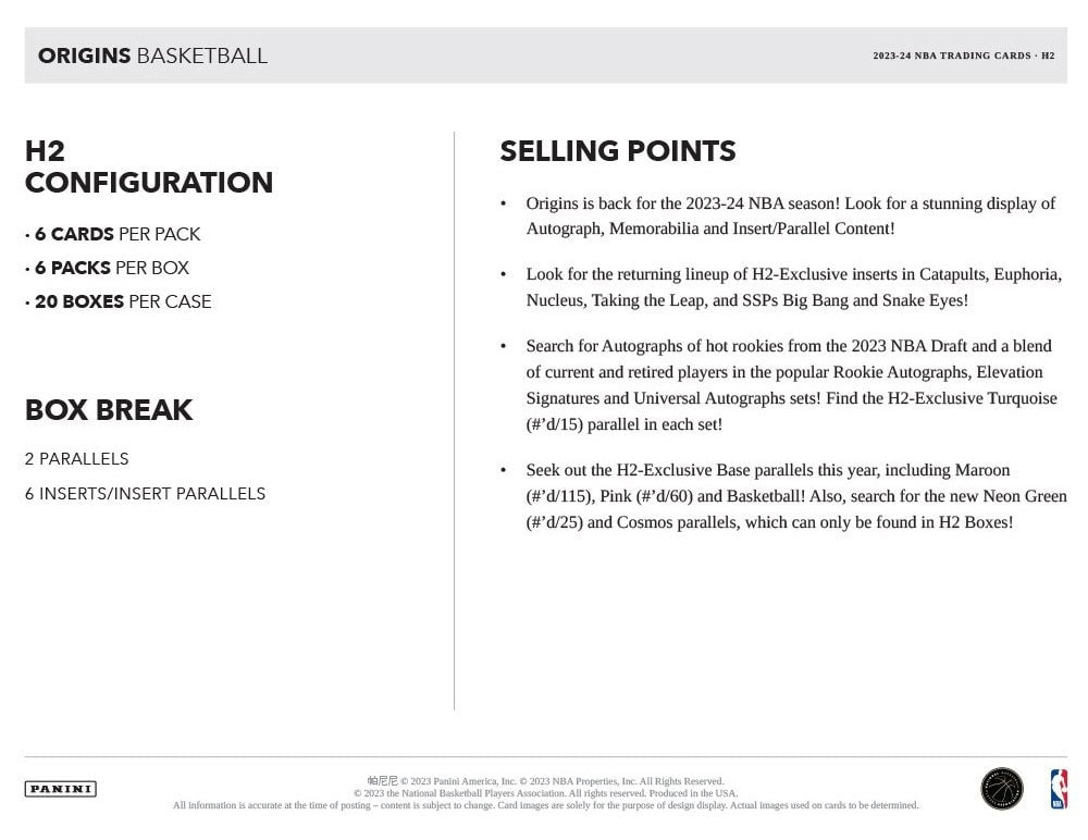 2023-24 Panini Origins Basketball H2 Hybrid Box 746134160561 - King Card Canada