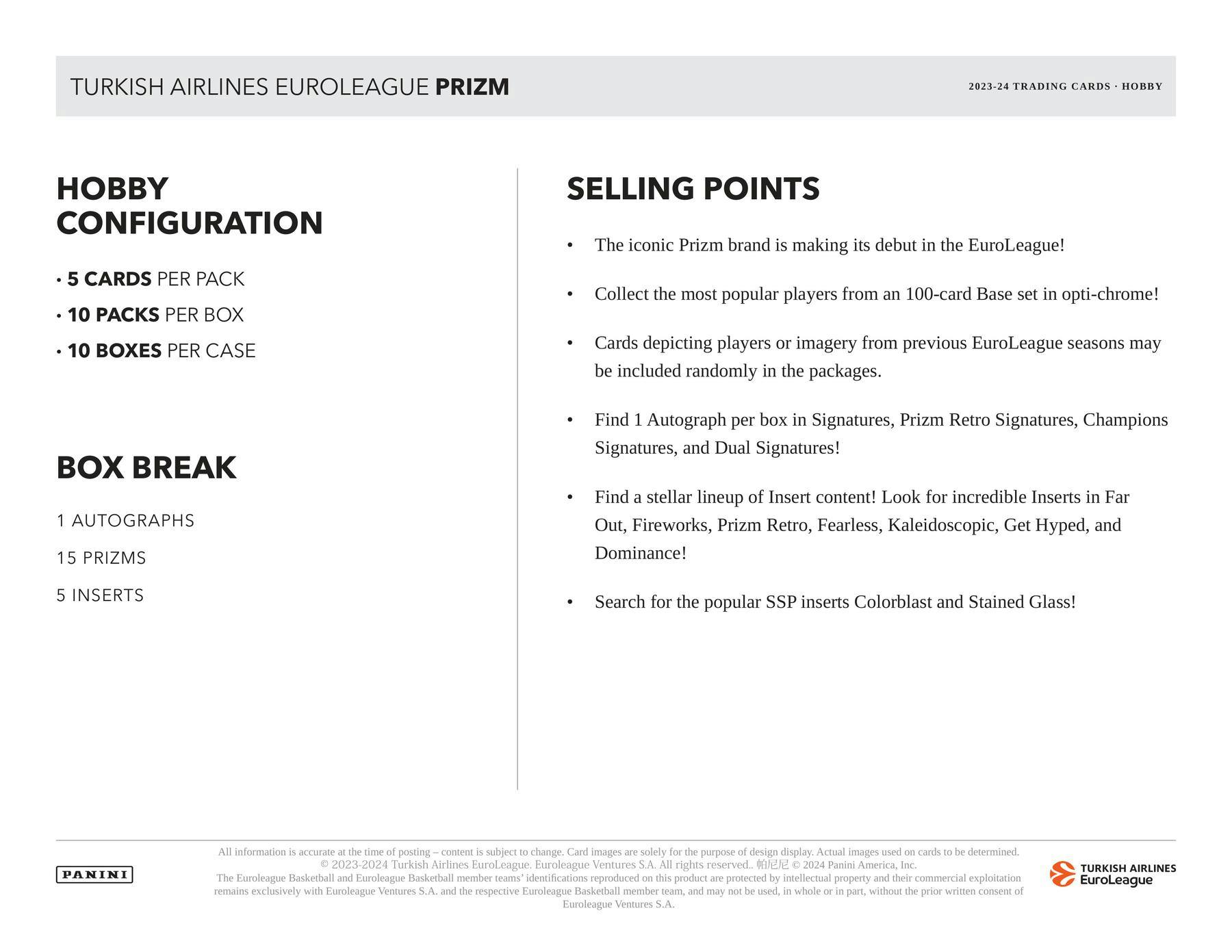 2023 - 24 Panini Prizm Turkish Airlines EuroLeague Basketball Hobby Box 746134170621 - King Card Canada