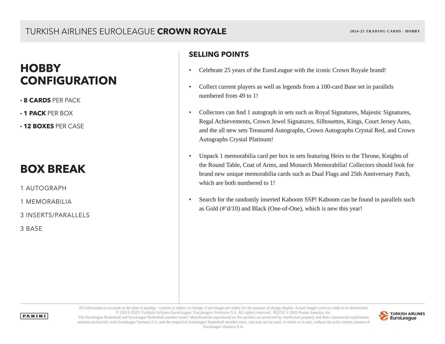 2024 - 25 Panini Crown Royale EuroLeague Basketball Hobby Box 746134189401 at King Card Canada