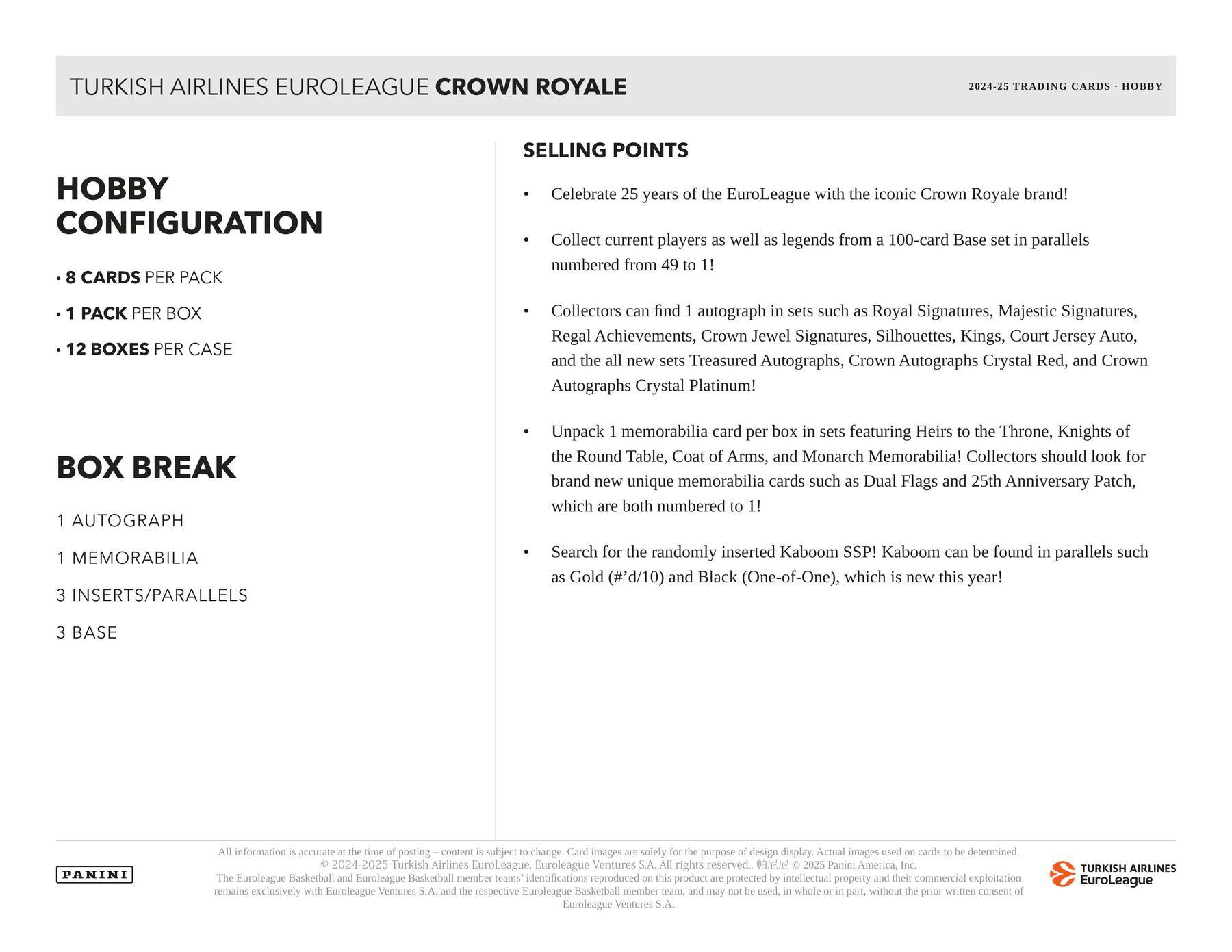 2024 - 25 Panini Crown Royale EuroLeague Basketball Hobby Box 746134189401 at King Card Canada