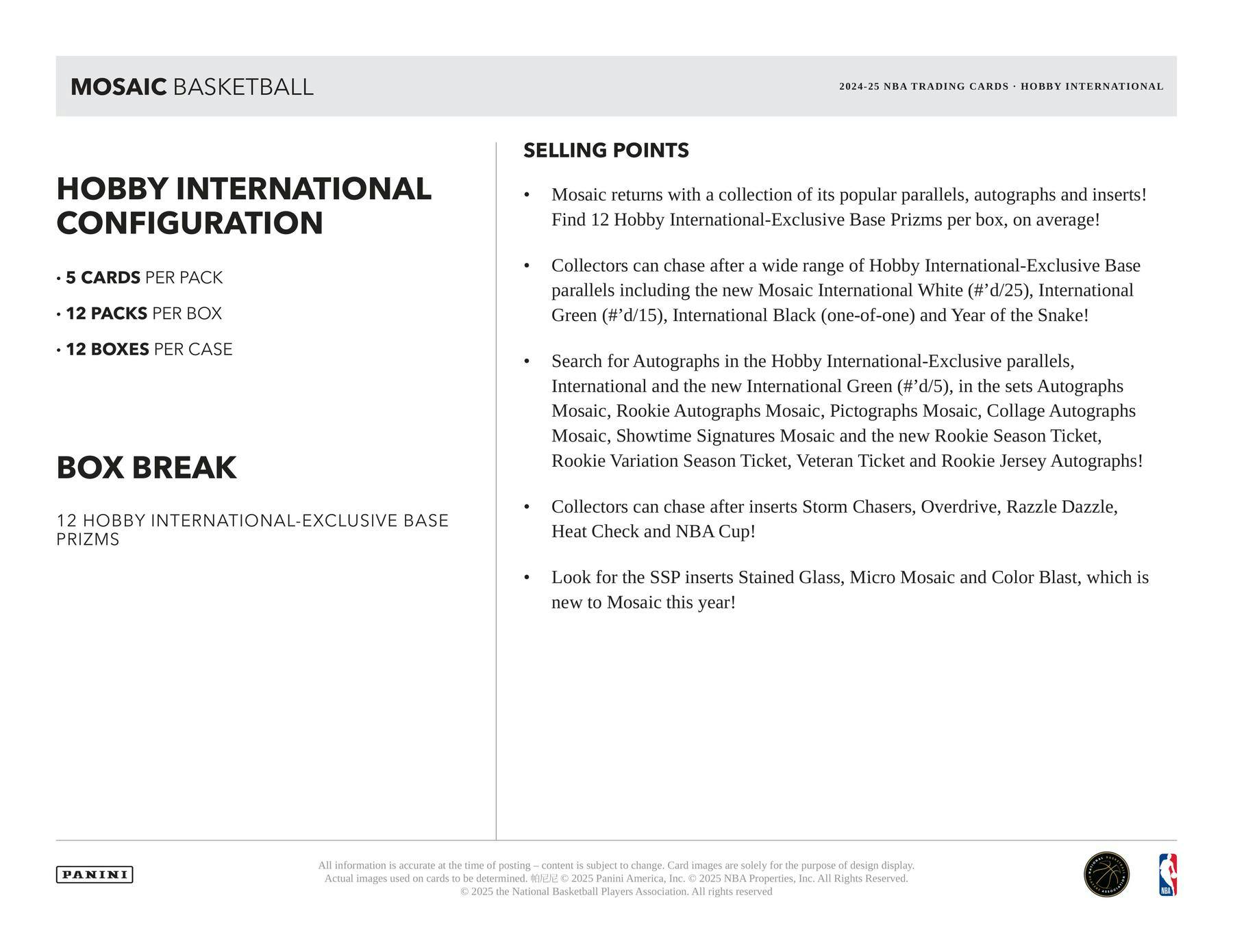 2024 - 25 Panini Mosaic Basketball International Hobby Box 746134180279 at King Card Canada