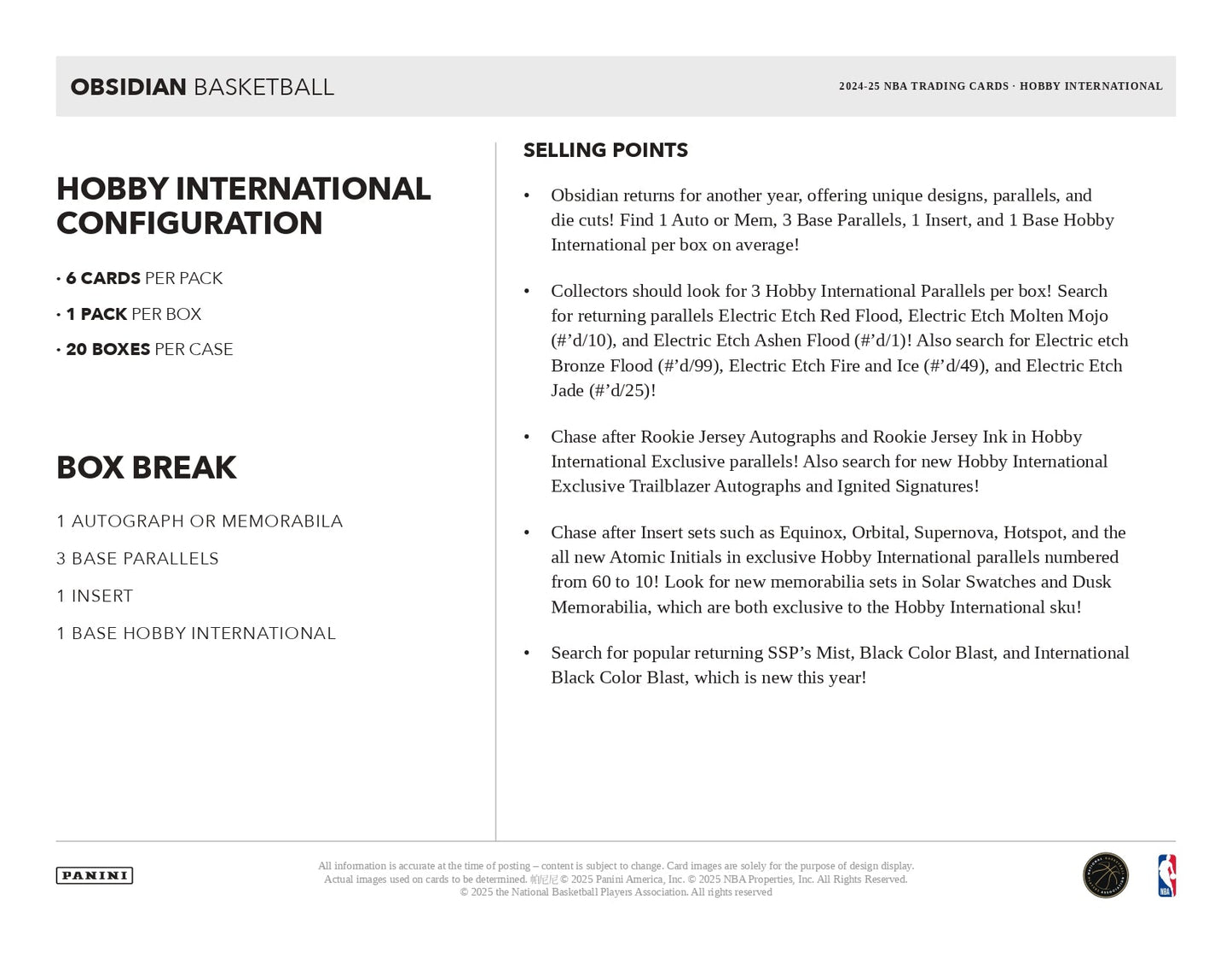 2024 - 25 Panini Obsidian Basketball International Hobby Box 746134179440 at King Card Canada